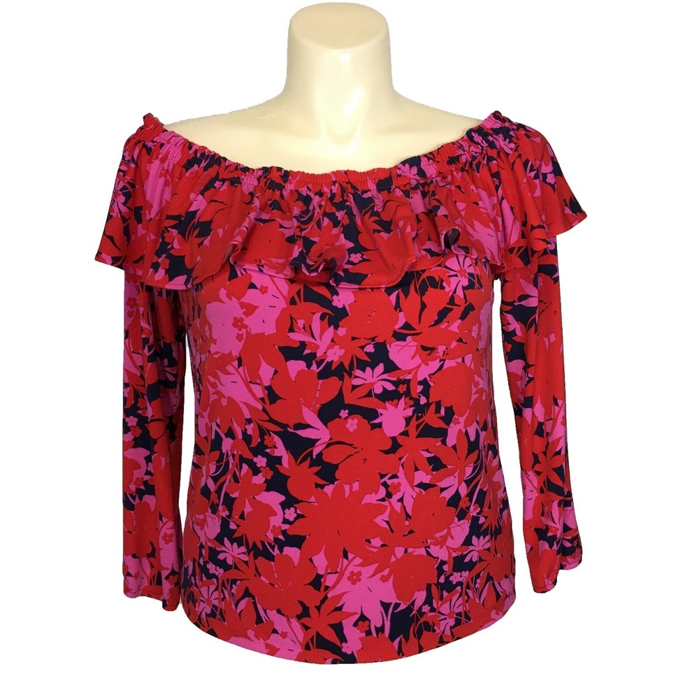 Leota‎ Top MED Bright Pink Red Navy Blue Off Shoulder Ruffle 3/4 Sl Jersey Knit